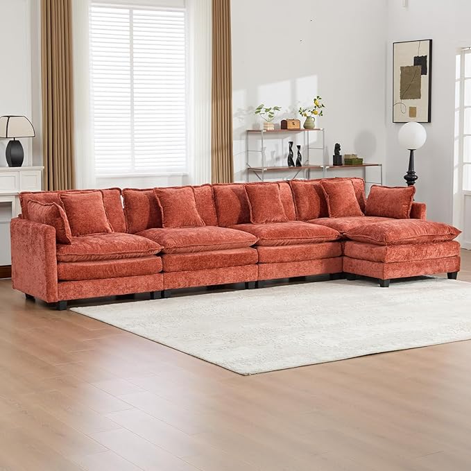 146.5 Orange Modular Sectional Sofa 4 Seater Large Sectional Couches for Living Room Chenille Fabric Oversized Cloud Couch with Ottoman Deep Seat Home Sofas Set Sofá Moderno L Shaped