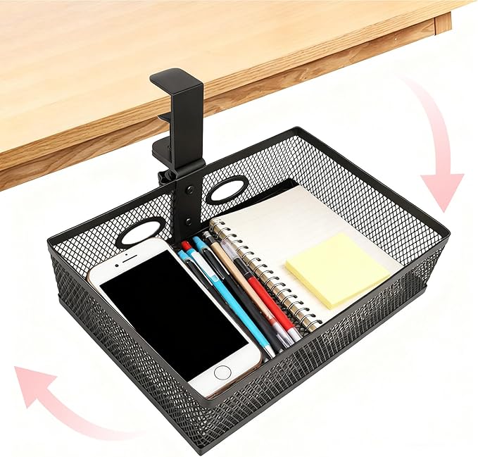 Under Desk Organizer 360° Swivelunder Desk Drawer Clamp-On No Drill InstallationSturdy Mesh Storage Drawer for OfficeDrawing Room and Kitchen RoomArt Supplies and More(Without Cup Holder)