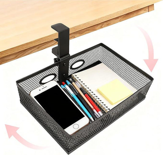 Under Desk Organizer 360° Swivelunder Desk Drawer Clamp-On No Drill InstallationSturdy Mesh Storage Drawer for OfficeDrawing Room and Kitchen RoomArt Supplies and More(Without Cup Holder)
