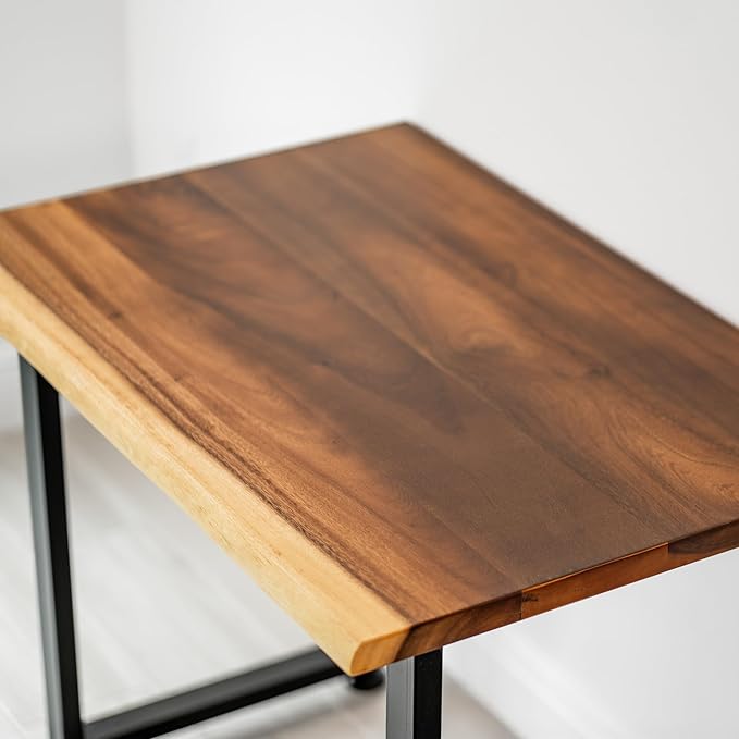 Small Solid Walnut Wood Computer Desk – 38” x 25” Live Edge Wooden Home Office Desk with Sturdy Metal Legs – Handmade Real Wood Table for Work Study or Gaming