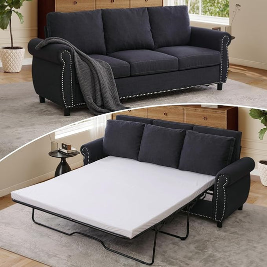 Queen Size Pull Out Sofa Bed 3 in 1 Linen Convertible 3-Seater Sleeper Sofa Bed with Memory Form Mattress Pull Out Couch with Nailhead Trim &amp Roll Arms for Living Room Bedroom Small Space(Grey