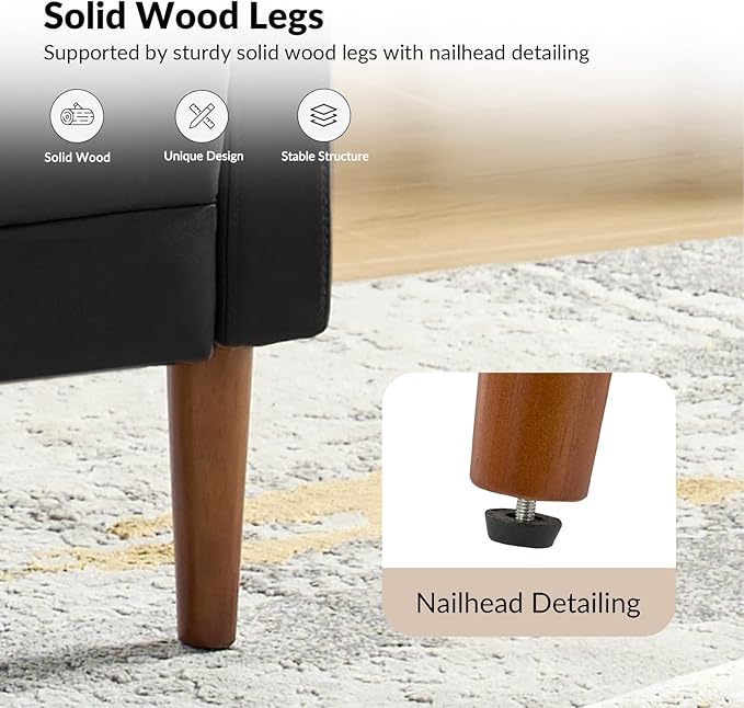 HULALA HOME Mid-Century Modern Faux Leather Loveseat Sofa with Movable Backrest Cushions Button-Tufted 2-Seater Sofa with Wooden Legs Small Love Seat Accent Couch for Living Bedroom Black