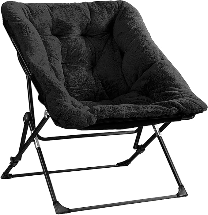 Walsham Folding Comfy Chair Faux Fur Soft Cozy Lounge Reading Papasan Chair for Adults Kids Bedroom Living Room Dorms Small Space Black