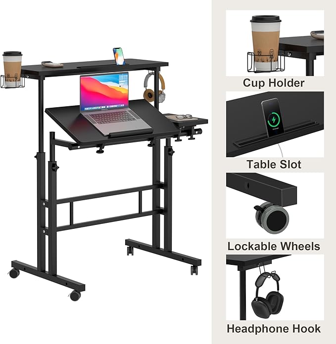 SDHYL 31.5 inches Movable Laptop Desk with Mouse Board Adjustable Height and Angle Anti-Slip Workstation Home Office Desk with Tablet Slot Portable Student Desk Black