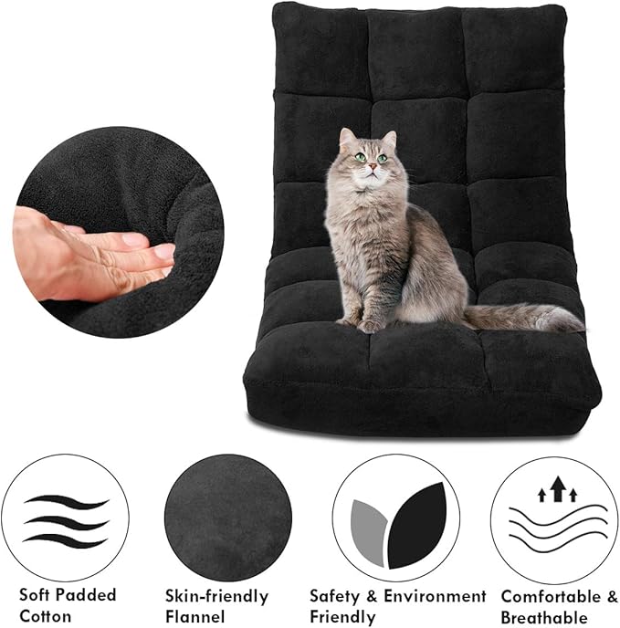 LDAILY 14-Position Floor Chair Adjustable Gaming Chair with Strong Back Support Padded Cushion Folding Couch Recliner Sofa Ideal for Floor Seating Reading Gaming(Black)