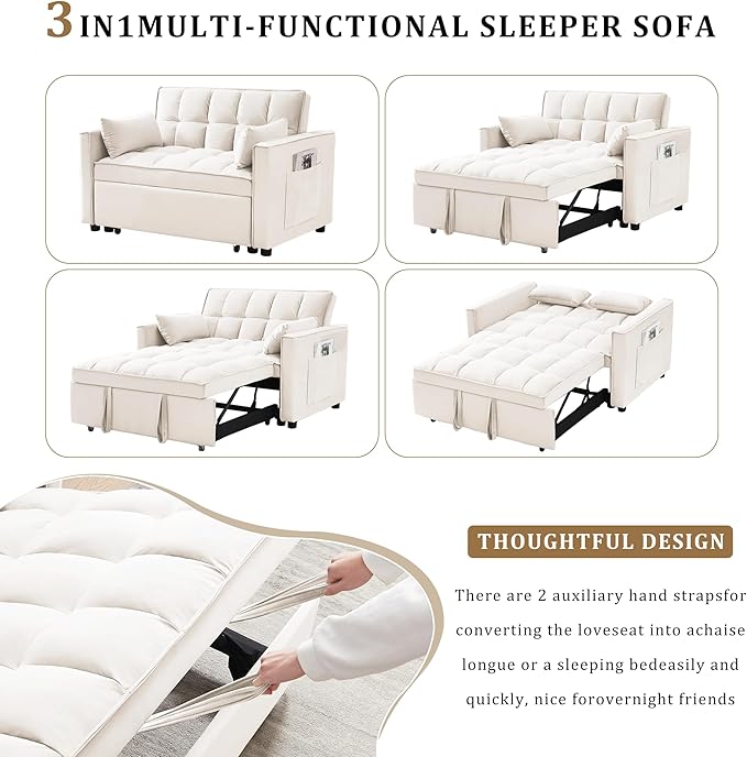 55’’ Sleeper Sofa Couch with Pullout Bed 3-in-1 Convertible Button Tufted Upholstered Futon Loveseat Sofa Bed with Side Pockets and Pillows for Small Place Living Room Bedroom Apt (Beige)