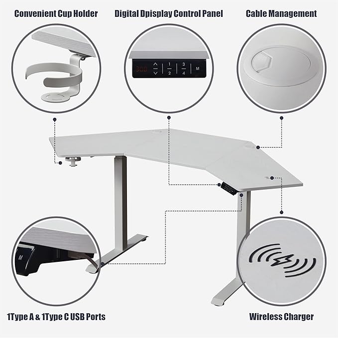 Pemberly Row Corner Electric Height Adjustable L-Shaped Standing Desk Wood and Metal Construction White Finish 47 x 67 in Large Workspace Cable Management Home Office Desk for Sitting or