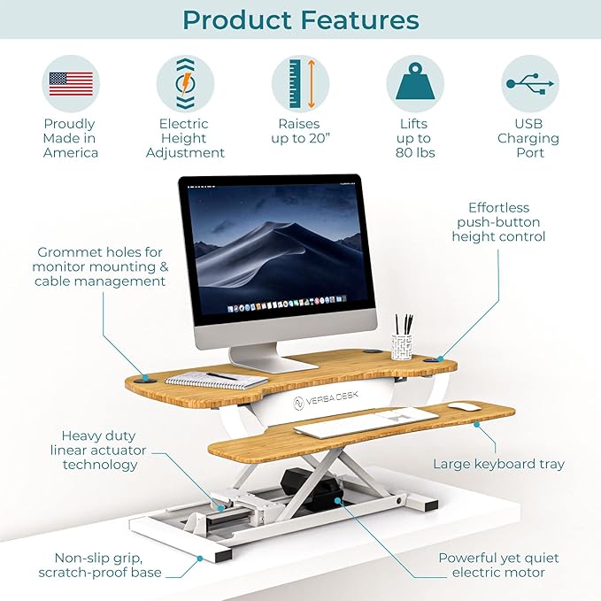 VERSADESK® PowerPro™ 36” x 24” Electric Sit-to-Stand Desk Converter w/Keyboard Tray for Home or Office | USB Charging Port | Supports Multiple Monitors | Lifts 80 lbs. - Natural Bamboo | White Base.