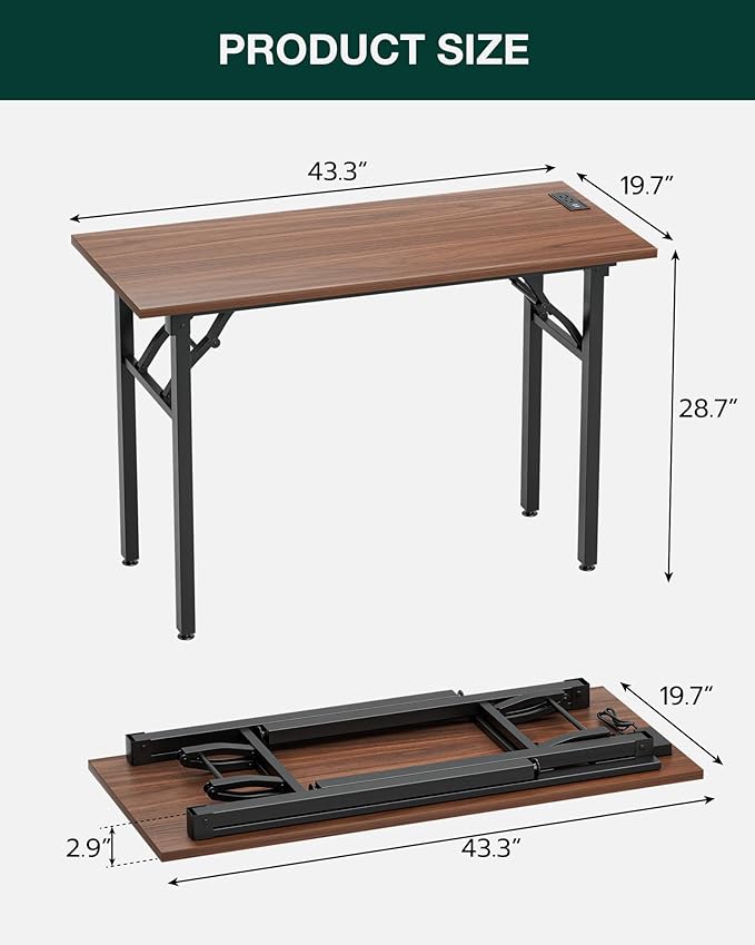 Frylr Small Folding Computer Desk – 43.3 Inch Portable Table for Craft and Study Lightweight Desk for Small Spaces Foldable Laptop Table Built-in AC/USB Outlets for Convenience Dark Walnut