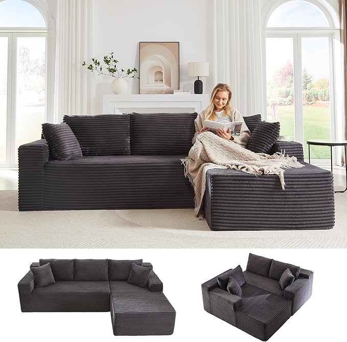 Cloud Sectional Couch with L-Shape Chaise 105 Modern Minimalist Modular Sectional Sofa Fluffy Corduroy Upholstered Couches for Living Room No Assembly Required (Dark Grey)