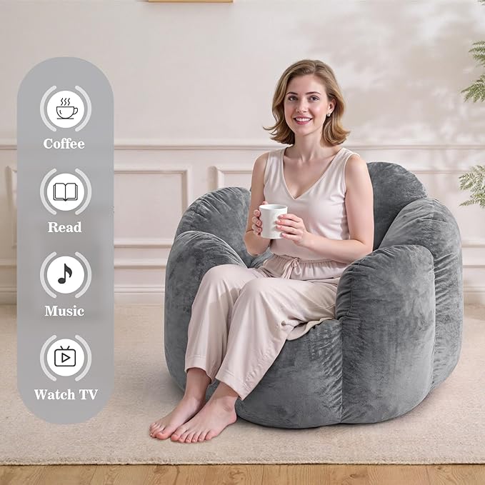 HOMMPA Bean Bag Chair for Adults Comfy Velvet Bean Bag Couch with Back Support Flower Shaped Oversized Sofa for Living RoomBedroomDormGrey