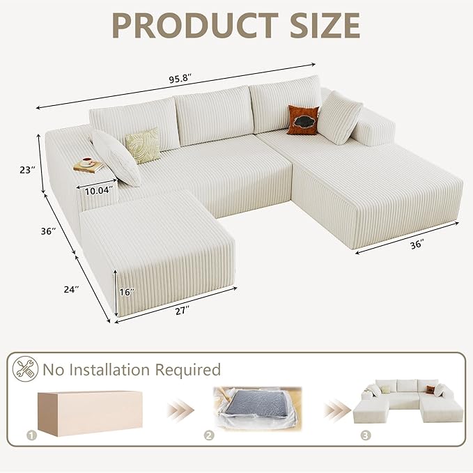 96 Cloud Sectional Couch with U-Shaped Chaise Corduroy Sectional Sofa with Ottoman Boneless Couch with Deep Seat in a Box for Living Room No Assembly Required (White Right Facing Chaise)