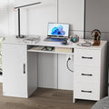 53 Inch Large Computer Desk Office Desk with Power Outlets &amp USB Charging Port Study Writing Table with Three Storage Drawers and one wooden Door Laptop PC Desk for Bedroom Study Room Office
