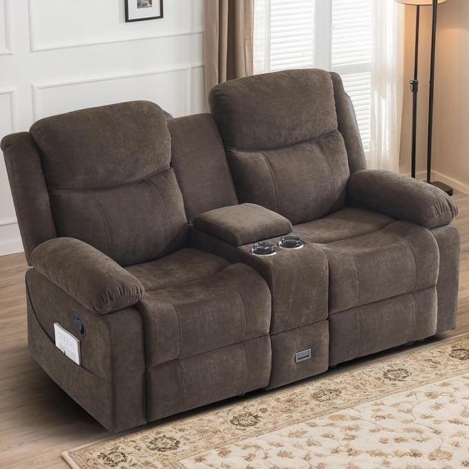 Reclining Loveseat with Console Loveseat Recliner Sofa with Massage &amp Heating RV Wall Hugger Double Loveseat Recliner Couch for Living Room &amp Home Theater (Chenille-Brown-2)