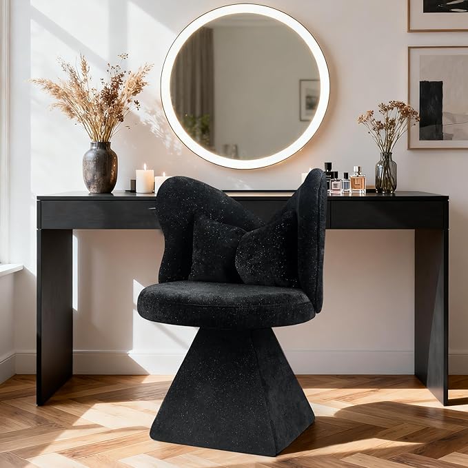 KEIKI 360° Swivel Accent Sofa Chair Armless Chenille Vanity Chair Upholstered Single Sofa Chair for Living Room Bedroom or Vanity Black