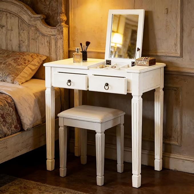 PADMA HOUSE Flip Top Wood Makeup Vanity Desk with Mirror Small Dressing Table with Two Drawers Flip-up Wooden Writing Desk Secretary Table in White for Bedroom Living Room