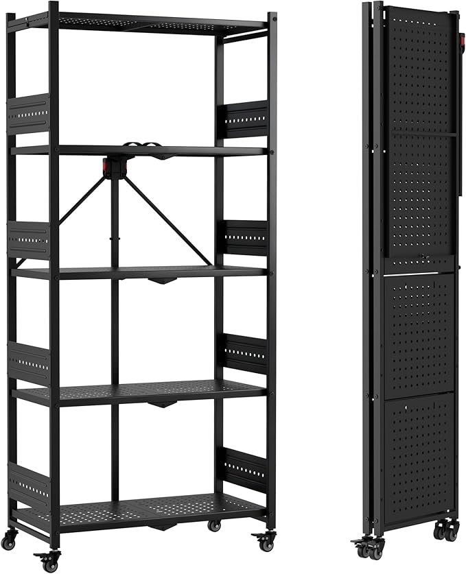 WORKPRO 5-Tier Folding Shelf No-Assembly Metal Storage Rack with Wheels 750 lbs Capacity (with Leveling Feet) Collapsible Shelving Unit for Kitchen Pantry Bathroom &amp Closet Organization