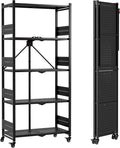 WORKPRO 5-Tier Folding Shelf No-Assembly Metal Storage Rack with Wheels 750 lbs Capacity (with Leveling Feet) Collapsible Shelving Unit for Kitchen Pantry Bathroom &amp Closet Organization