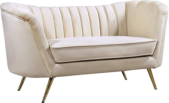 Meridian Furniture Margo Collection Modern | Contemporary Velvet Upholstered Loveseat with Deep Channel Tufting and Rich Gold Stainless Steel Legs Cream 65 W x 30 D x 33 H