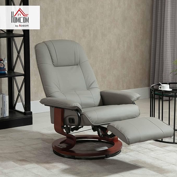 HOMCOM Faux Leather Manual Recliner Adjustable Swivel Lounge Chair with Footrest Armrest and Wrapped Wood Base for Living Room Gray