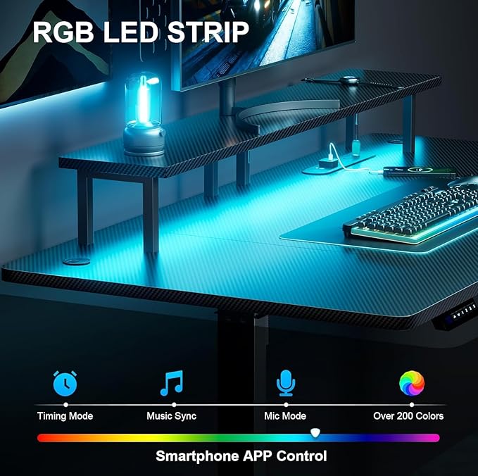 HLDIRECT Electric Standing Gaming Desk with LED Lights 47 Inch Height Adjustable Gaming Table Sit Stand Computer Workstation with Power Outlet &amp Monitor Stand Rising Desk for Home Bedroom Blac