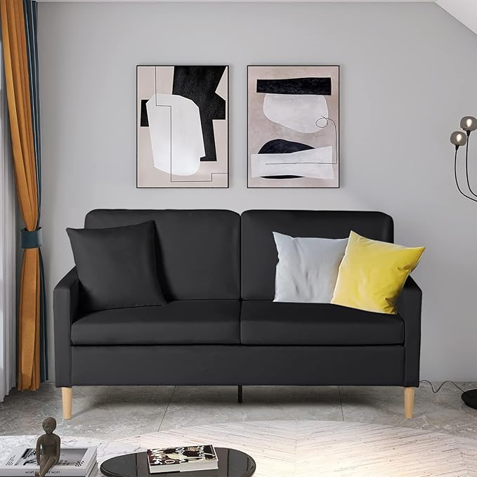 AILEEKISS 66 W Loveseat Sofa with 2 USB Mid Century Modern Love Seats PU Leather Furniture Tufted Upholstered Love Seat Couch for Living Room Office Apartment Bedroom (3-Seater Black)
