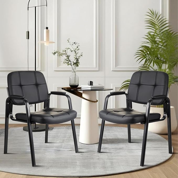 CLATINA Leather Office Guest Waiting Room Chair Sets of 8 Reception Chair No Wheels with Armrests and Lumber Support Stationary Desk Armchair for Meeting Conference Lobby Shool Study Black