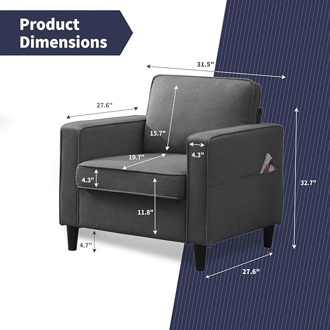 Modern Armchair Single SofaUpholstered Sofa ChairsLinen Comfy Arm Chair with 4 Storage PocketsLiving Room Chair Bedroom Chair for Small SpaceDark Grey