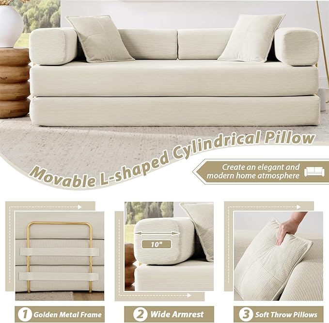 Folding Sofa Bed Convertible Corduroy Fabric Comfy Loveseat Sleeper Bed Modular Foam Compression Sofa Couch Floor Lazy Chaise Lounge for Guest Room Living Room Studio (Beige)