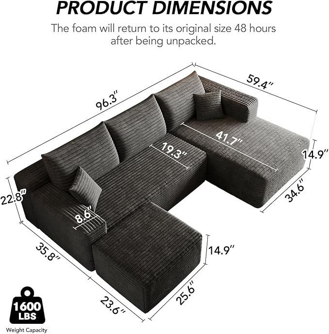 96 U-Shape Boneless Modular Sectional Cloud Couch with Chaise -Modern Comfy Corduroy couches for Living Room-Memory Foam SofaNo Assembly Required(Dark Grey96 Right Facing Chaise+Ottoman)
