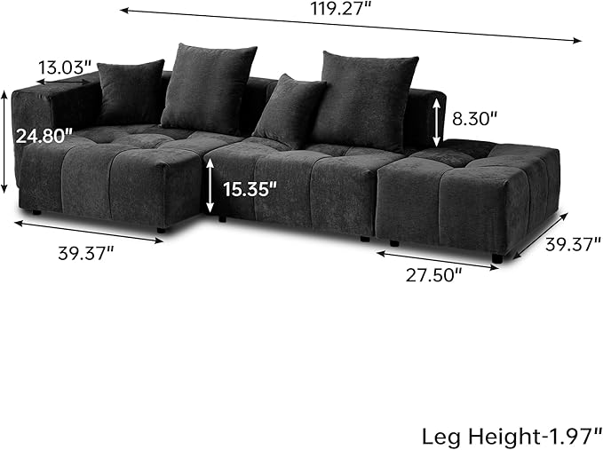 WJShome 119 L Shaped Sectional CouchModern Modular Sofa with OttomanLinen Deep Loveseat with Pillows Couches for Living Room Bedroom and ApartmentBlack