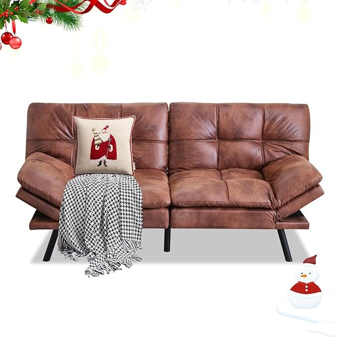 MUUEGM 71 Futon Sofa Bed Convertible Couch Filled with Memory Foam Modern Loveseat with Adjustable Backrest&ampArmrest Sofas for Living RoomGame RoomDormitoryOffice.Brown Leather