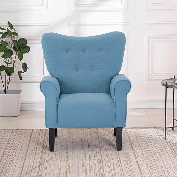 YOLENY Modern Accent ChairHigh Back ArmchairUpholstered Fabric Button Single Sofa with Wooden Legs for Living RoomBedroomClubLight Blue