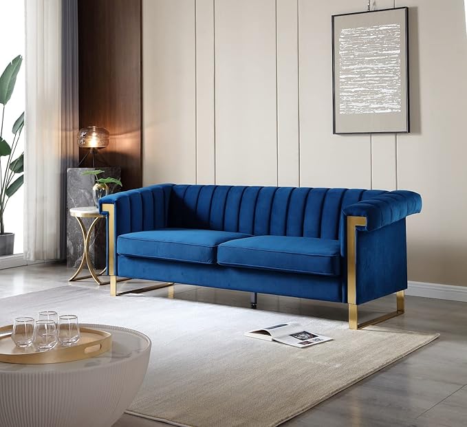83'' Blue Velvet Couch Sofa Mid-Century Modern Love Seat Chesterfield 3 Seat Couches Sofa for Living Room Apartment (Blue)