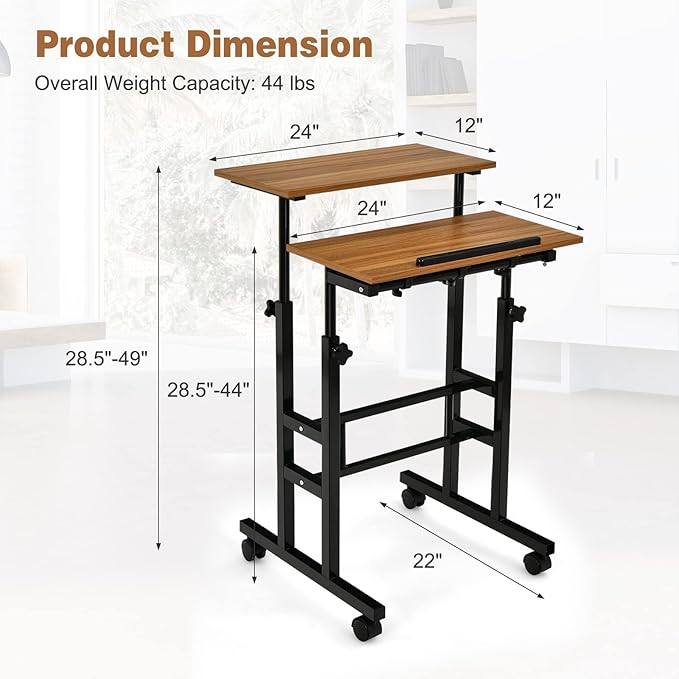 COSTWAY Mobile Standing Desk Height Adjustable Rolling Laptop Cart w/Tilting Desktop for Standing or Sitting Lockable Casters Home Office Computer Workstation for Small Spaces (Brown)