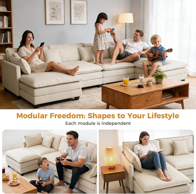 Redlife 148 Modular Sectional 4-Seater Sofa with 2 Ottomans Chenille Sectional Couch Set with Spring &amp Double Foam Cushion System Removable Covers Easy to Assembly Beige