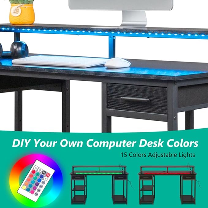 Black Modern Home Office Desk Rustic Computer Desk with Storage Cabinet Wood Home Office Desk with 2 Power Sockets and 2 USB Power Interfa