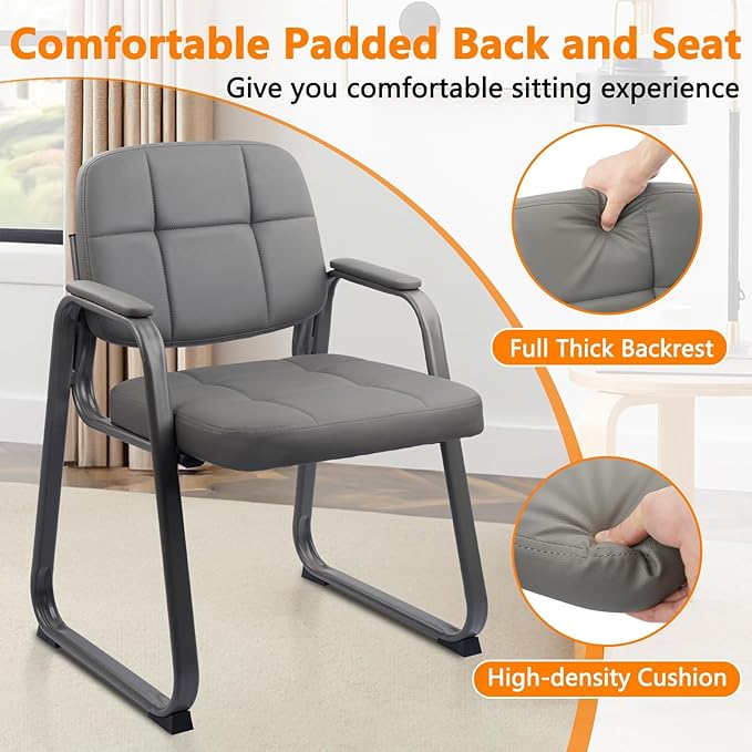 CLATINA Leather Office Guest Waiting Room Chair with Sled Base Reception Chair No Wheels with Armrests and Lumber Support Stationary Desk Armchair for Meeting Conference Lobby Shool Grey 2 PK