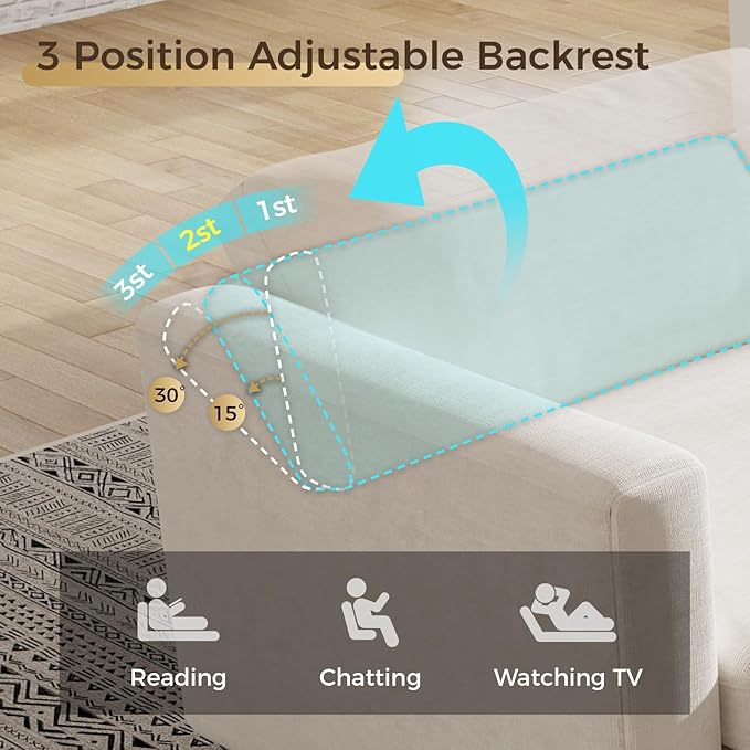KKL Modular Sectional Sofa Couches for Living Room 113 Sofa Couch with Adjustable Backrest 3 Seater Sofa Couch with Comfy Cushion Chenille Beige