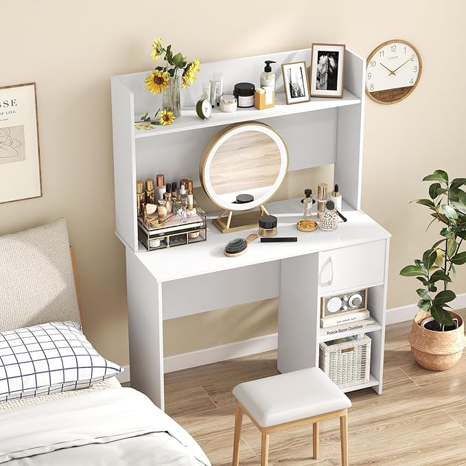 Giantex White Desk with Hutch Small Computer Desk with Bookshelf &amp Adjustable Shelf 2 Cable Holes Modern Laptop PC Computer Workstation Study Writing Desk for Small Spaces Bedroom Home Offic