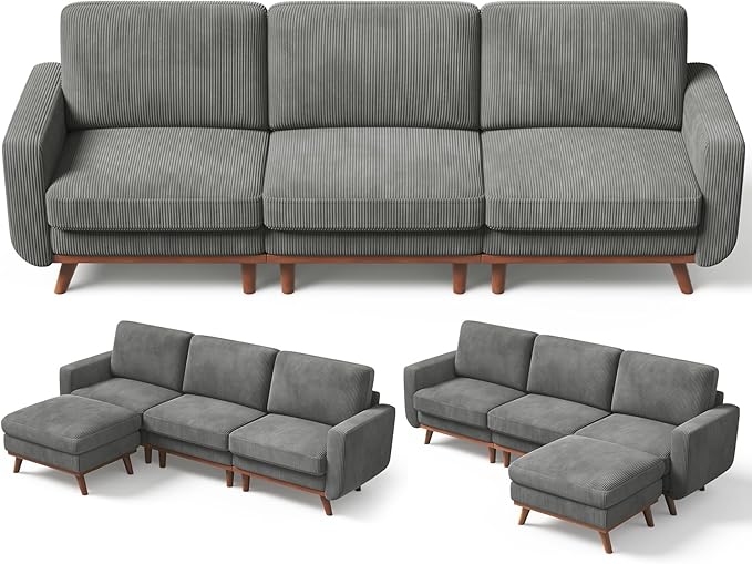 Vesgantti L-Shaped Modern Sofa Modular Sectional Cloud Couch with Ottoman Comfy Corduroy Deep Seat Sofa for Living Room Bedroom and Apartment Dark Gray