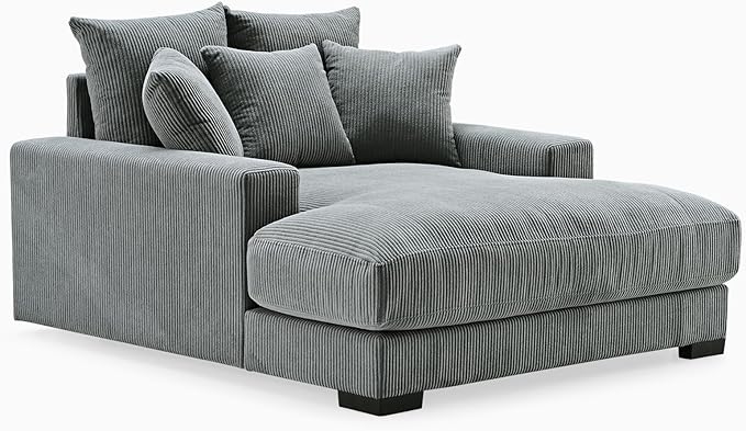 Luxe Upholstered Chaise Lounge Sofa in Soft Corduroy Fabric with Removable Cushions Oversized Chair for Relaxing in Living Room or Bedroom 55.1 Wide Grey