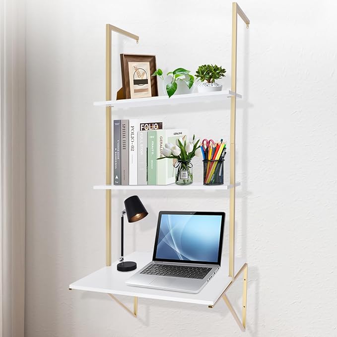 Wall Mounted Desk Gold Ladder Desk Wall Mounted Shelf 3 Tier Standing Desks for Small Space Mounted Desk Home Office Table Bedroom Writing Study Work Modern