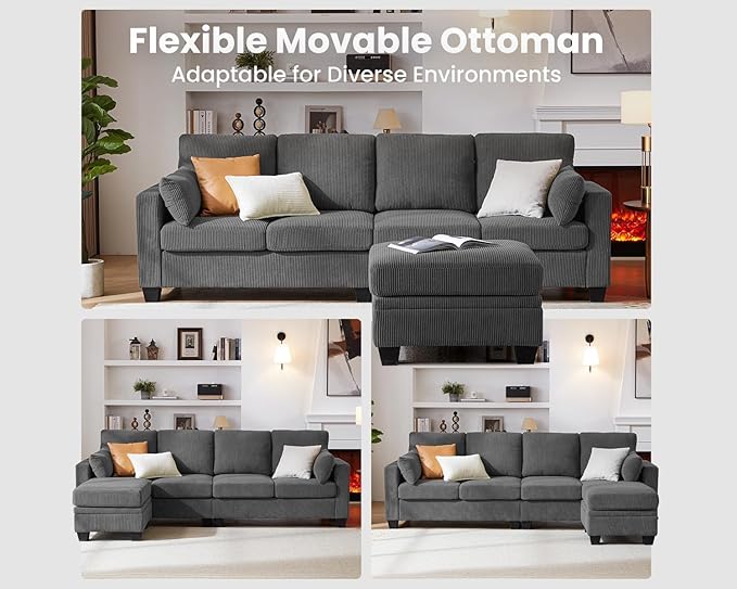 CHIC HOUSE Corduroy Modular Sectional Couch with Ottoman Chaise L/U Shaped Sleeper Sofa for Living Room Apartment Lounge Modern Armrest Neck Support Furniture (Dark Grey5 Seater Sectional)