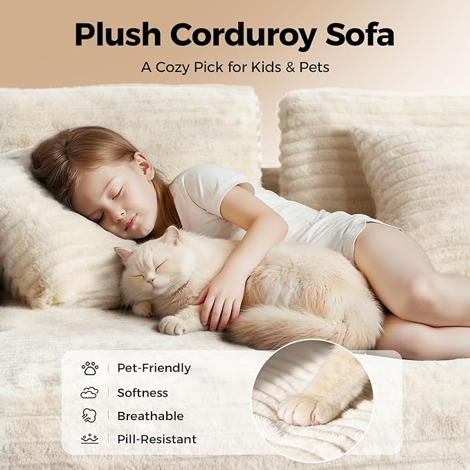 108” Cloud Sectional Couch Modern Modular Sectional Sofa with Deep Seat Corduroy Boneless Couches with Chaise L-Shaped Sofa for Living Room 4 Storage Pockets (Right Facing Chaise Beige)
