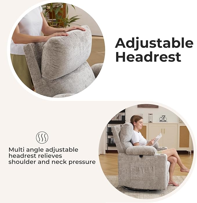 Power Recliner with Adjustable Armrests Rocking Chair Nursery with Massage and Heat Electric Glider Recliner Nursing Chair for Breastfeeding Swivel Rocker Recliner Chenille Light Grey