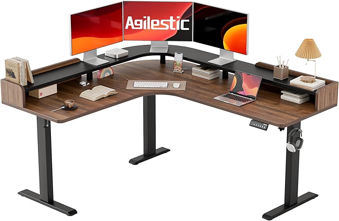 Agilestic L Shaped Standing Desk Corner Desk with Monitor Shelf Adjustable Height Gaming Table Sit Stand Up Table 63 x 55 Inch Home Office Computer Workstation Splice Board Dark Walnut