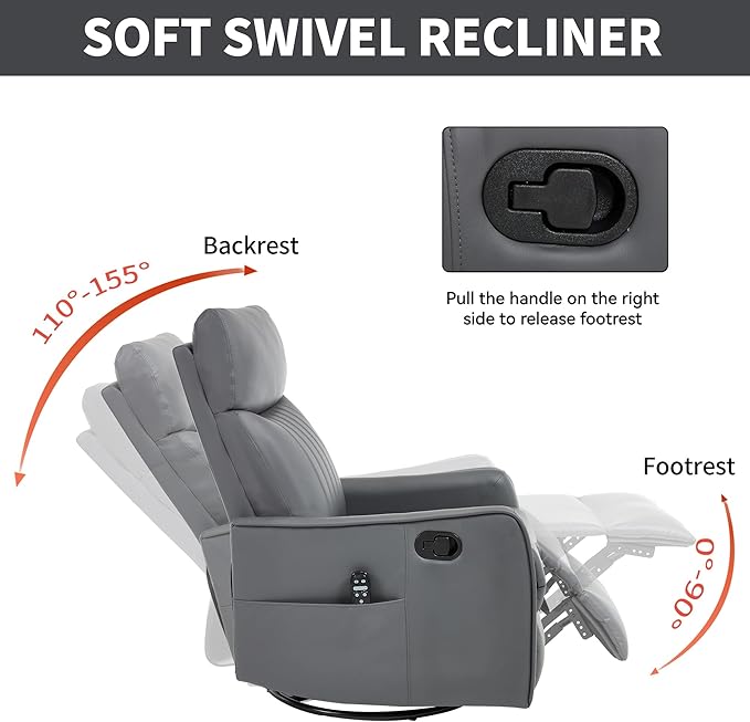 High Back Massage Recliner with Heat - Swivel Rocking Chair for Small Spaces Manual Lazy Boy Recliner for Adults Perfect for Living Room &amp Bedroom Soft Fabric (Grayish Green)