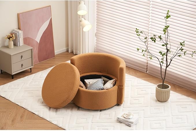 Teddy Fabric Swivel Storage Chair with Back Cushion Khaki 360° Swivel for Living Room