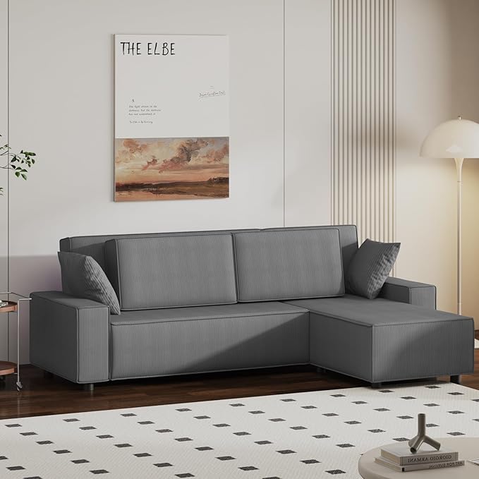 GAOMON Fine Stripe Corduroy Sectional Sofa l Shaped Modern Corduroy Couch Comfy Sofa Couch with Deep Chaise for Living Room Apartment Hotel 96 w*61 d*32 h Dark Grey